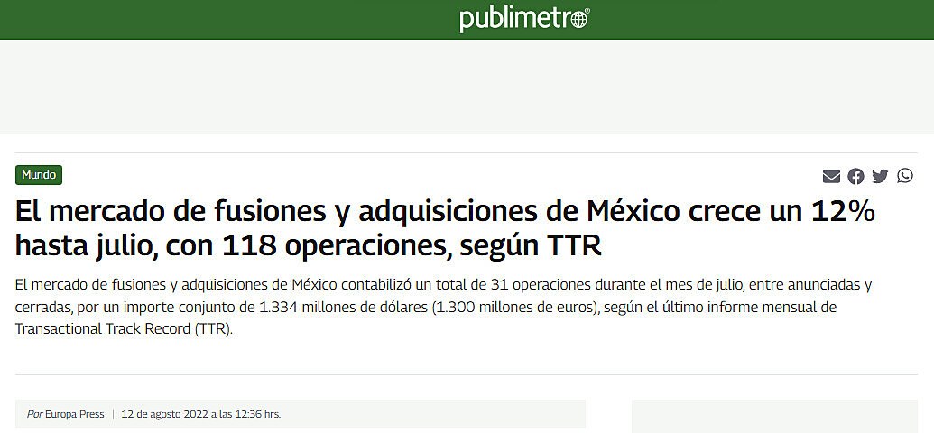 El mercado de fusiones y adquisiciones de Mxico crece un 12% hasta julio, con 118 operaciones, segn TTR